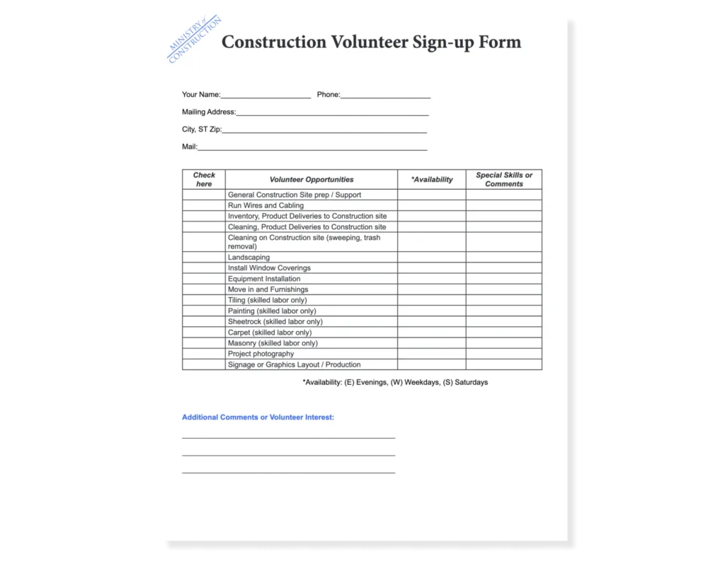 Construction Volunteer Sign-up Form church design