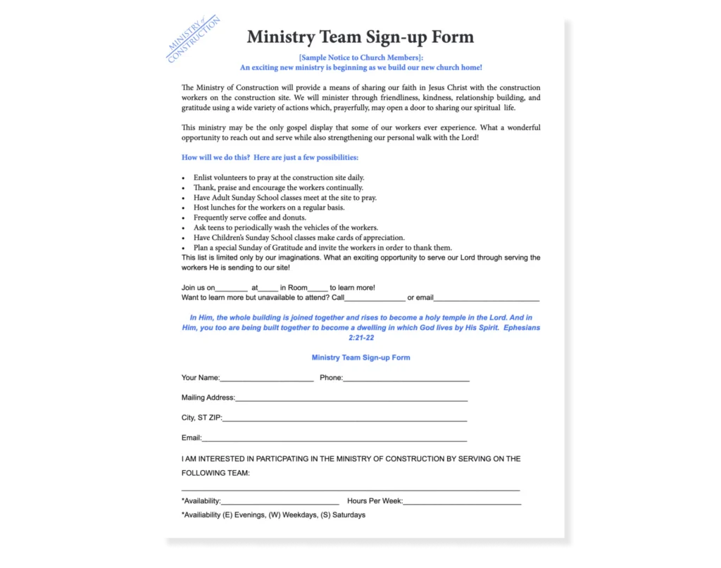 Ministry Team Sign-up Form church design