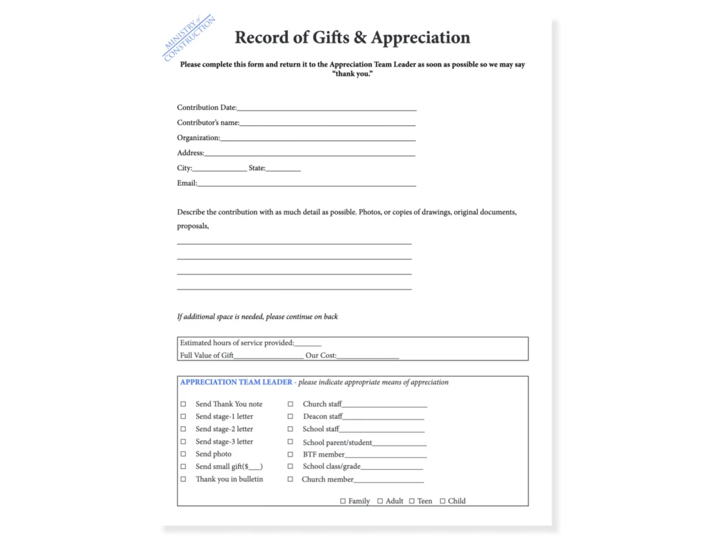 Record of gifts & Appreciation church design