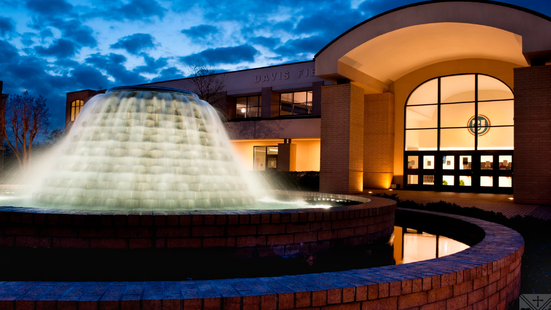 Bob Jones University waterfall night exterior church building
