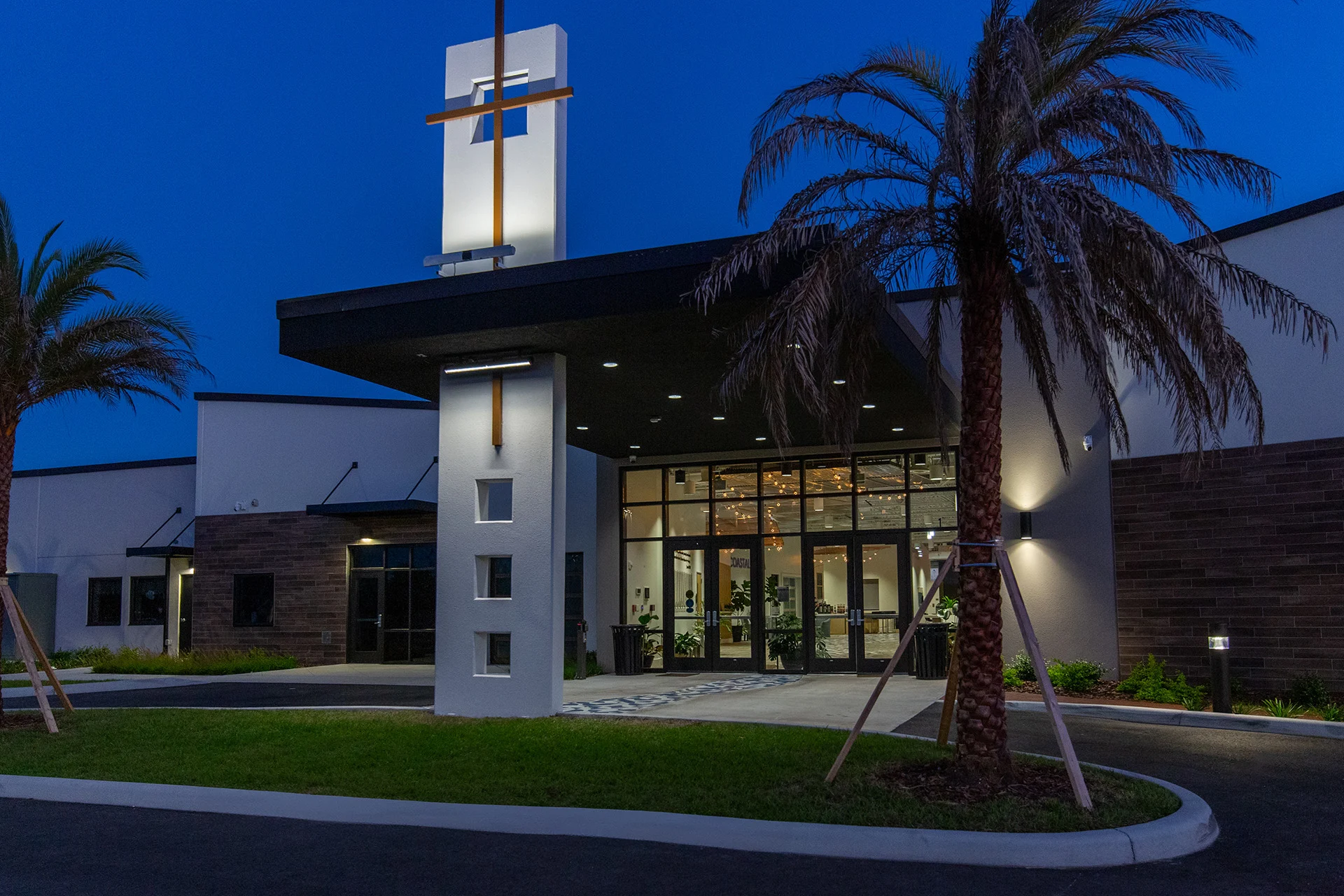 Palm Coast Methodist night exterior church building church architect