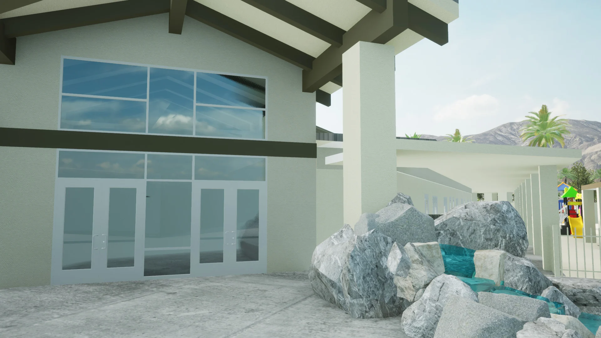 King School exterior waterfall church building church architect