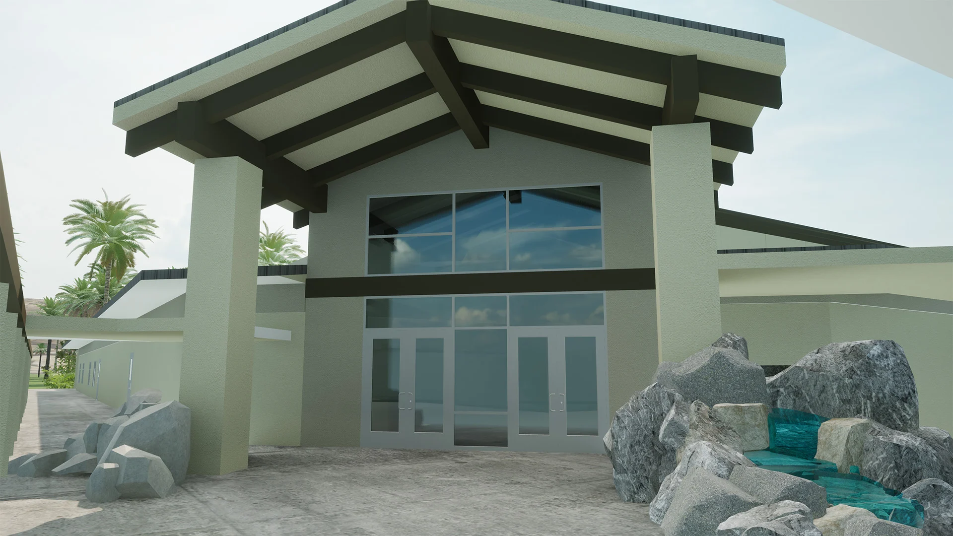 King School exterior waterfall church building church architect