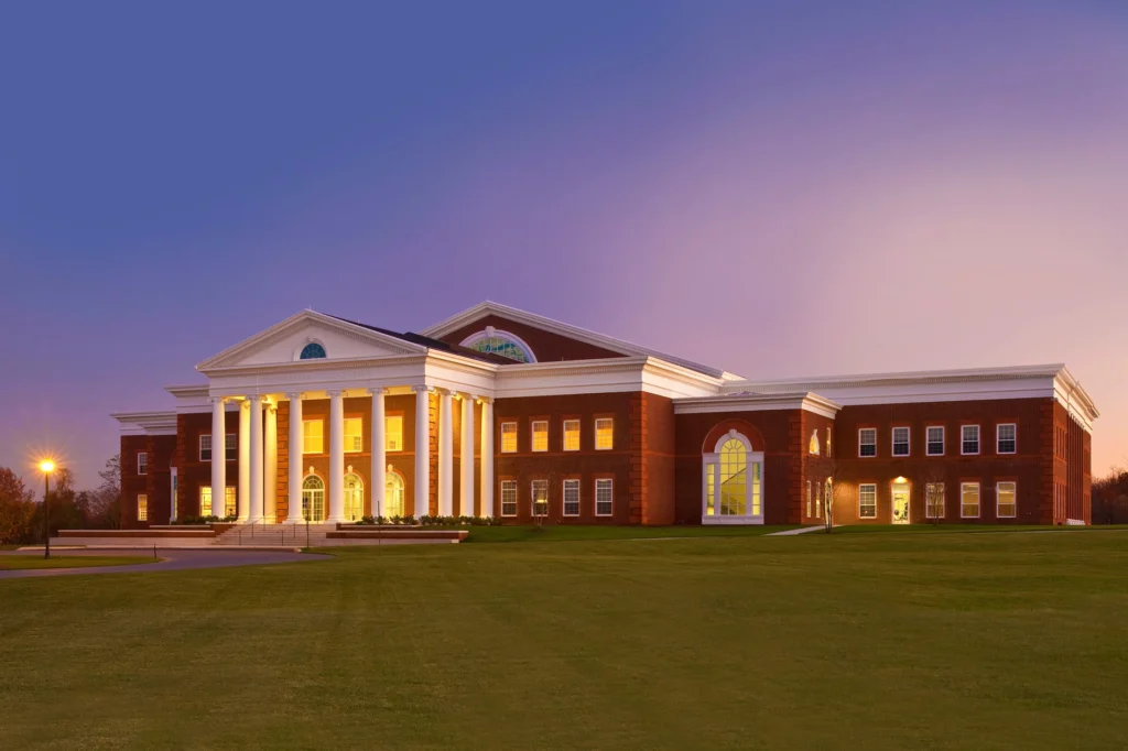 Patrick Henry College exterior night church building church architect